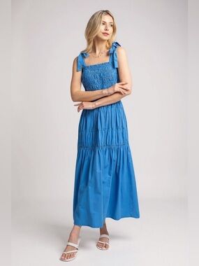 Blue Smocked Tiered Maxi Dress with Shoulder Tie
